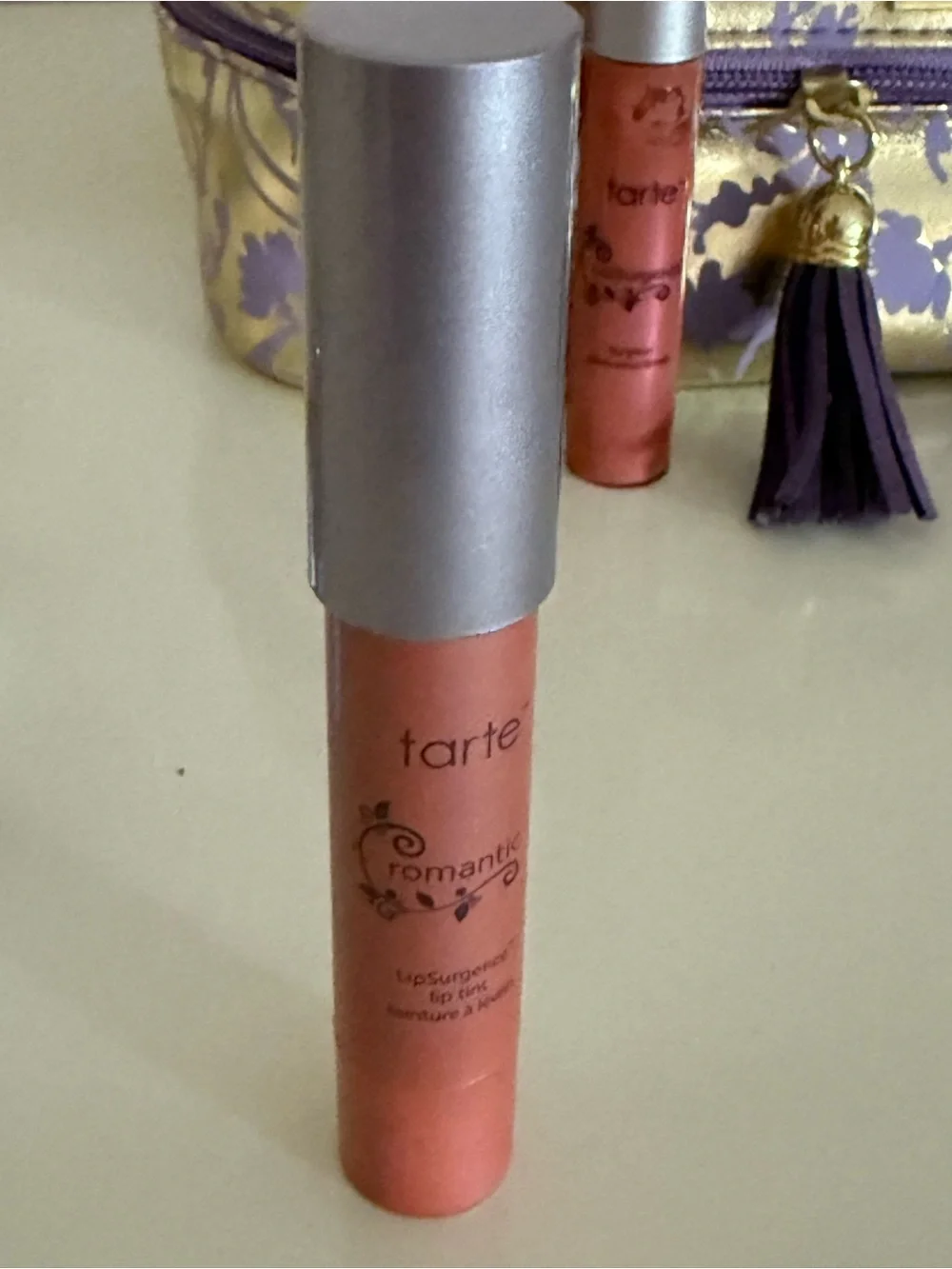 tarte Lip Gloss & Balm, blush and powder Set with Purple Tassel Cosmetic Bag